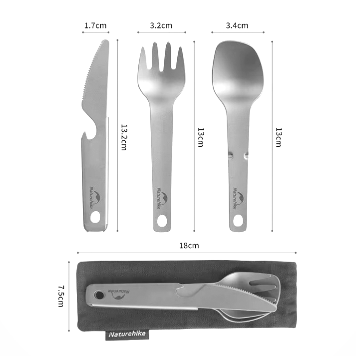 ست ۳ تکه قاشق، چنگال و چاقوی تیتانیومی نیچرهایک ابعاد